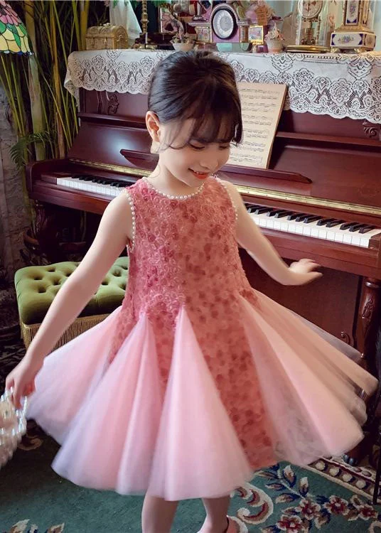 Elegant Pink Bow Nail Bead Patchwork Tulle Baby Girls Princess Dresses Sleeveless Unbeatable Prices