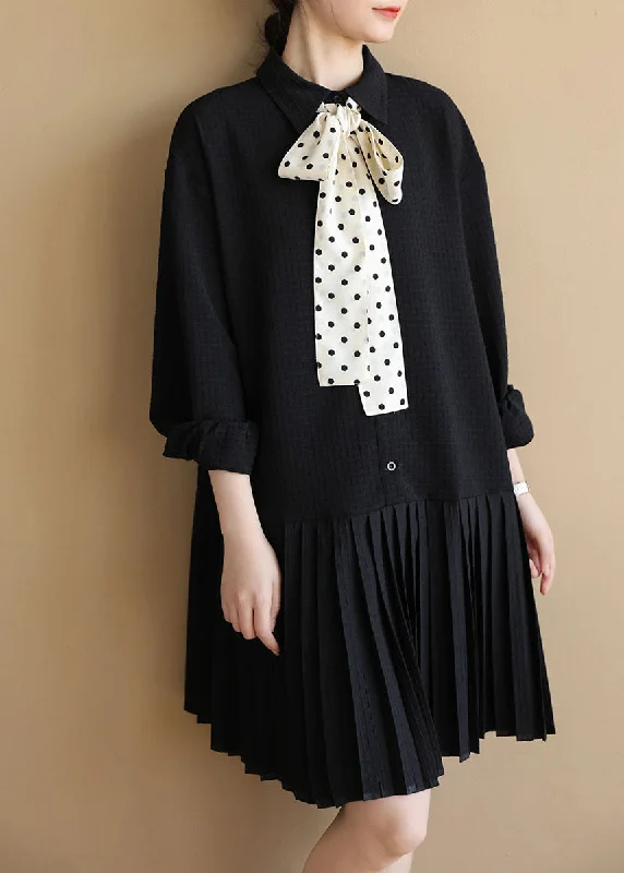 Casual Black Peter Pan Collar Patchwork Plaid Bow Necktie Cotton Pleated Dress Long Sleeve Hot Picks