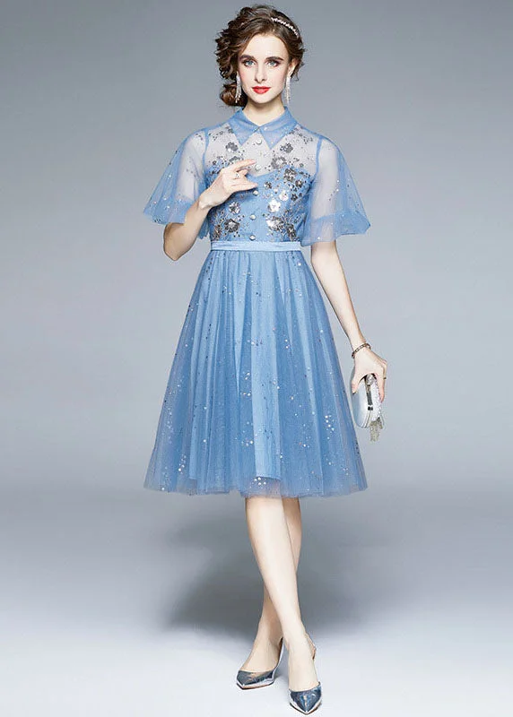 New Blue Embroideried Sequins Patchwork Tulle Mid Dress Puff Sleeve Inspired By You, Designed For You