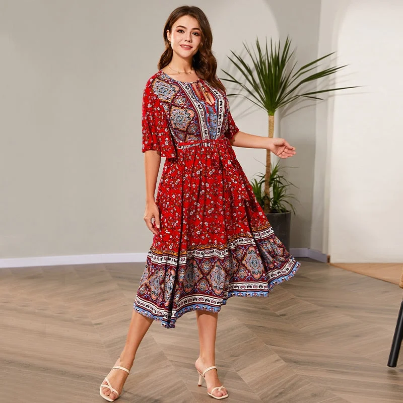 BerriesJam - Elegant Boho Dark Red Midi Dress Chic & Cozy Collection