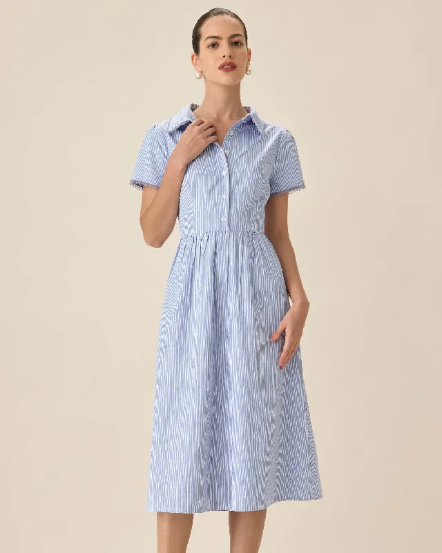 Blue Striped Button Midi Dress Fashion Sale