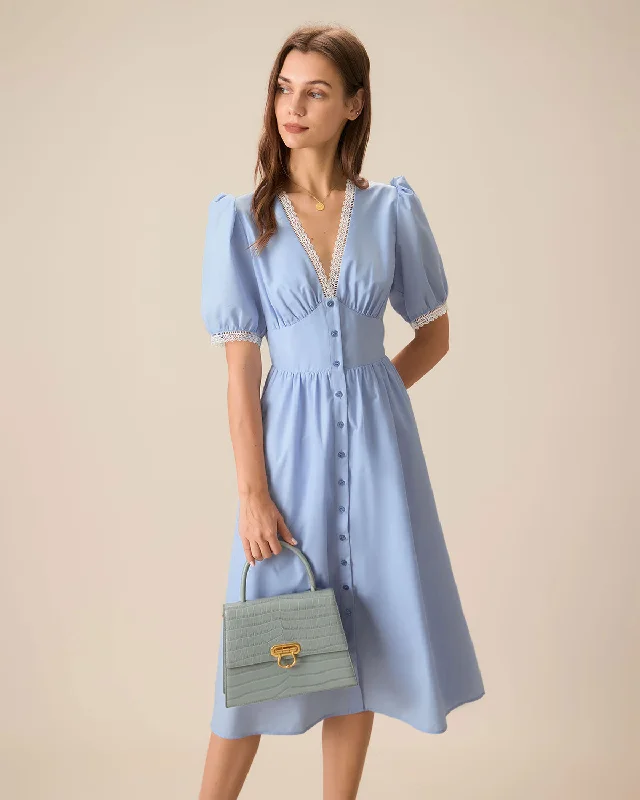 Women's Blue V-Neck Puffed Sleeve Midi Dress Special Offers