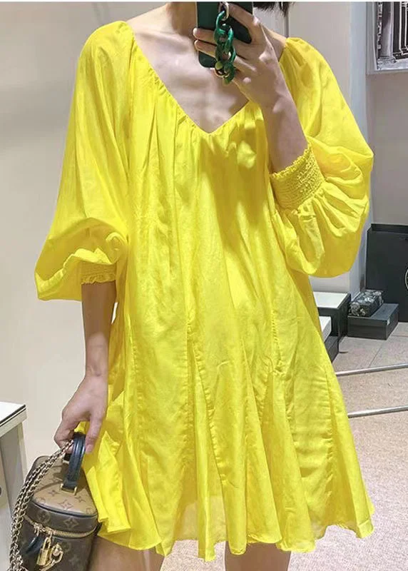 French Yellow V Neck Sexy Cotton Mid Dress Spring Exclusive Discounts