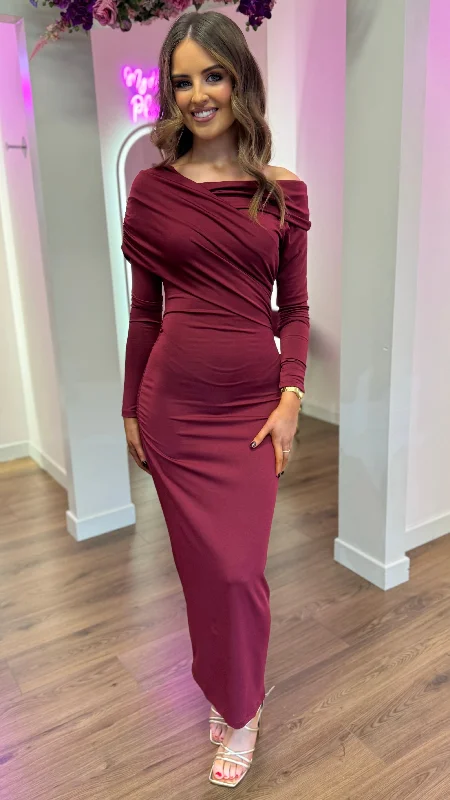 Sheridan Burgundy Off Shoulder Wrap Effect Midi Dress Big Savings On Rustic Countryside Styles