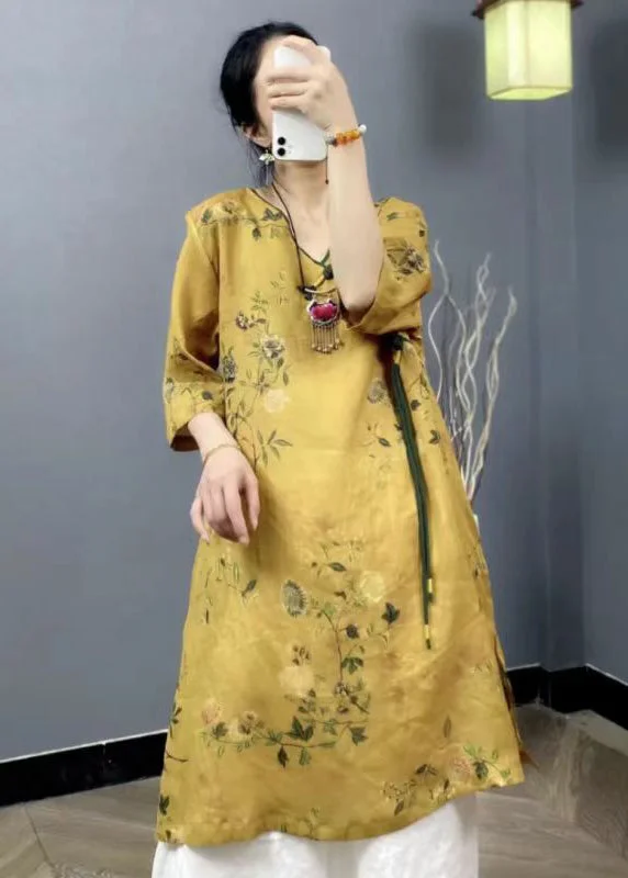 Retro Yellow V Neck Print Tasseled Linen Mid Dresses Summer Classic Women's Fashion