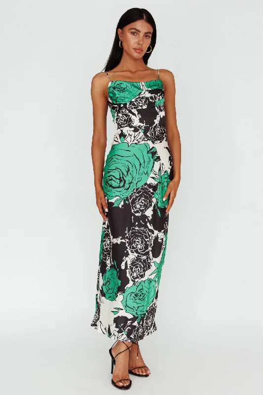 Highland Pleated Bust Midi Dress Floral Green Effortless Chic Apparel