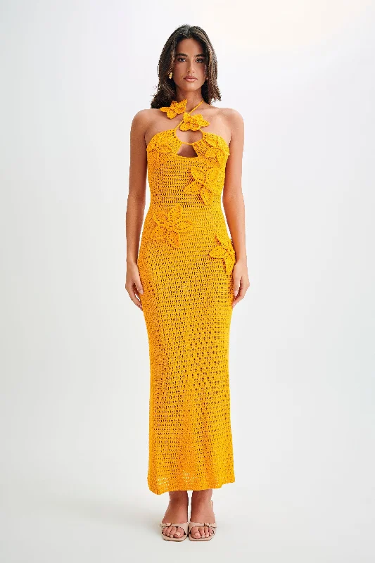 Kyla Floral Crochet Maxi Dress - Orange Sherbet Graceful Drape