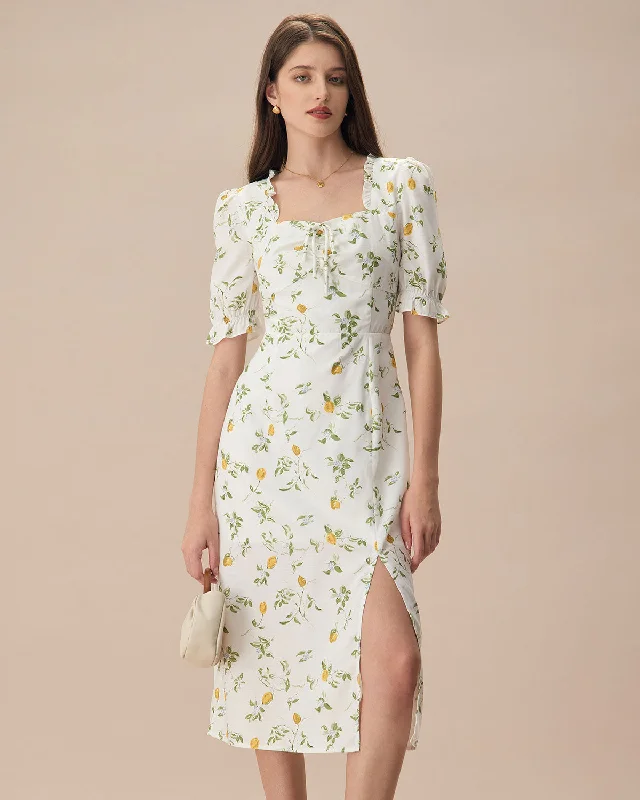 The White Square Neck Frill Trim Floral Midi Dress Chic Allure