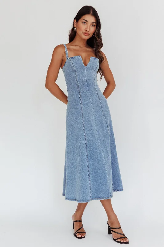 Catch My Drift A-Line Midi Dress Denim Blue Discount Extravaganza