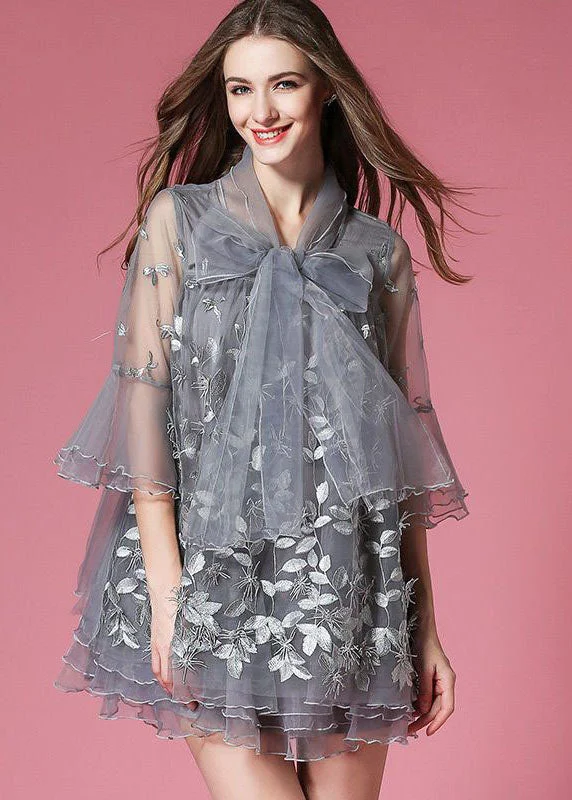 Women Grey Bow Embroideried Hollow Out Organza Dress Summer Vibrant Styles