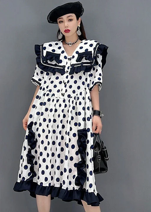 Chic White Sailor Collar Ruffled Patchwork Dot Print Mid Dresses Short Sleeve Budget Friendly Fashion