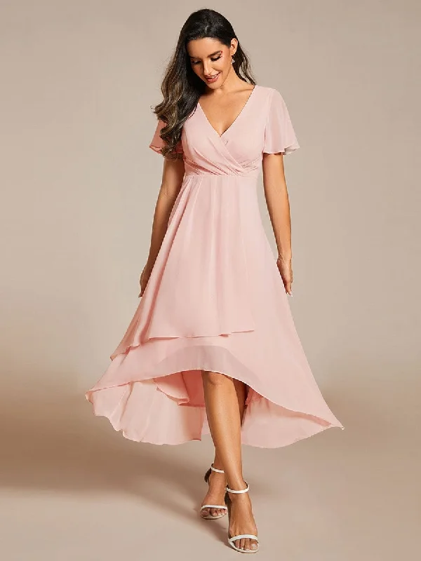 Lana | Pleated Chiffon Ruffles Sleeve Midi Bridesmaid Dress Discount Extravaganza