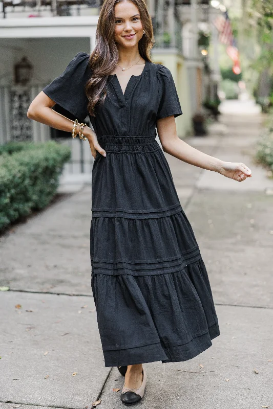 It's In The Air Black Tiered Midi Dress Trend Forward Threads