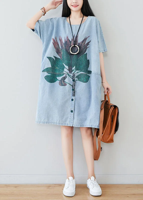 Beautiful Light Blue Oversized Patchwork Print Cotton Denim Dress Summer Chic Styles