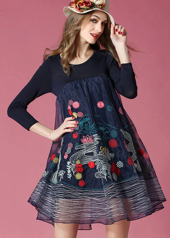 Bohemian Navy Embroideried Patchwork Organza Holiday Dress Spring Mother's Day Special