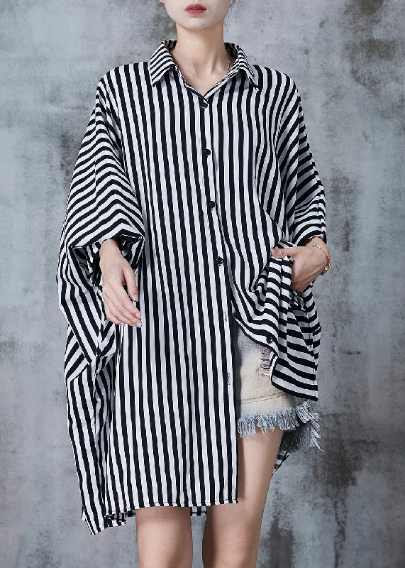 Black Striped Chiffon Shirt Dress Oversized Batwing Sleeve Special Offer