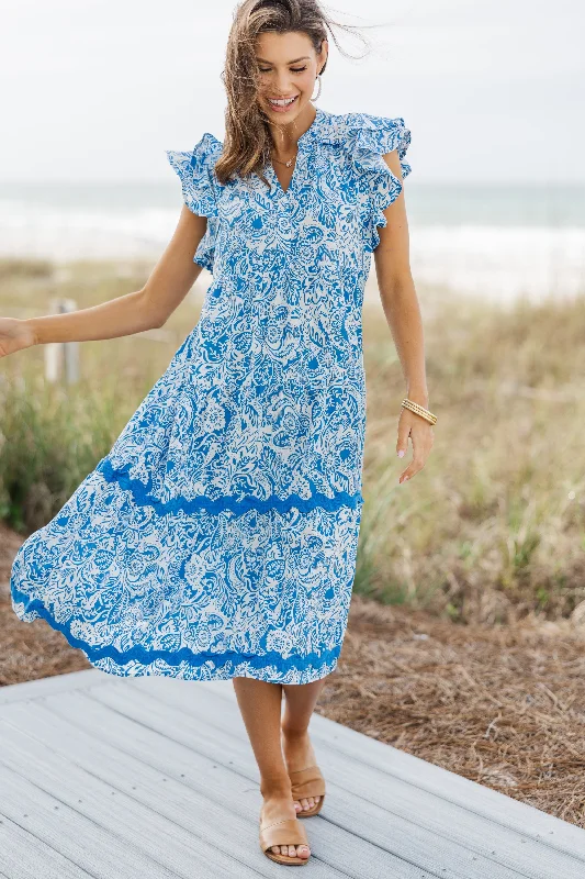 Sweet New Day Blue Paisley Rickrack Midi Dress Premium Style