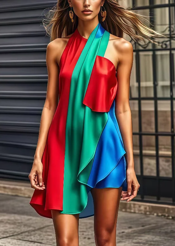 Unique Colorblock Cold Shoulder Patchwork Silk Mini Dresses Summer Everyday Wear