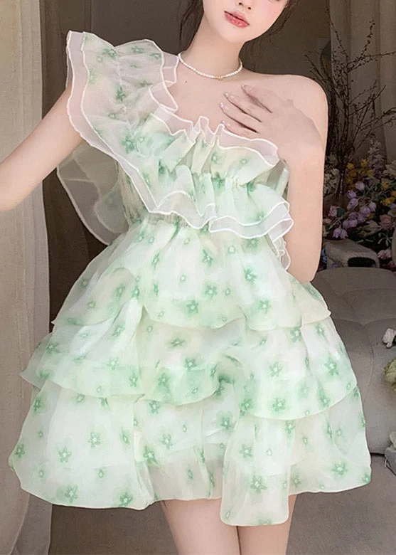 DIY Green Slash Neck Print Tulle Mid Dress Summer Evening Looks