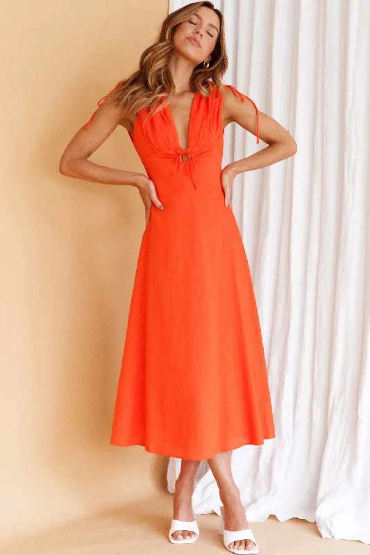 Cape Cod Drawstring Accent Midi Dress Tangerine Graceful Drape