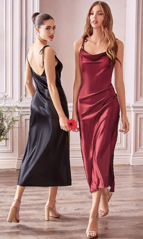 Cinderella Divine - BD103 Cowl Neck Satin Sheath Tea-Length Dress Luxe Women's Apparel