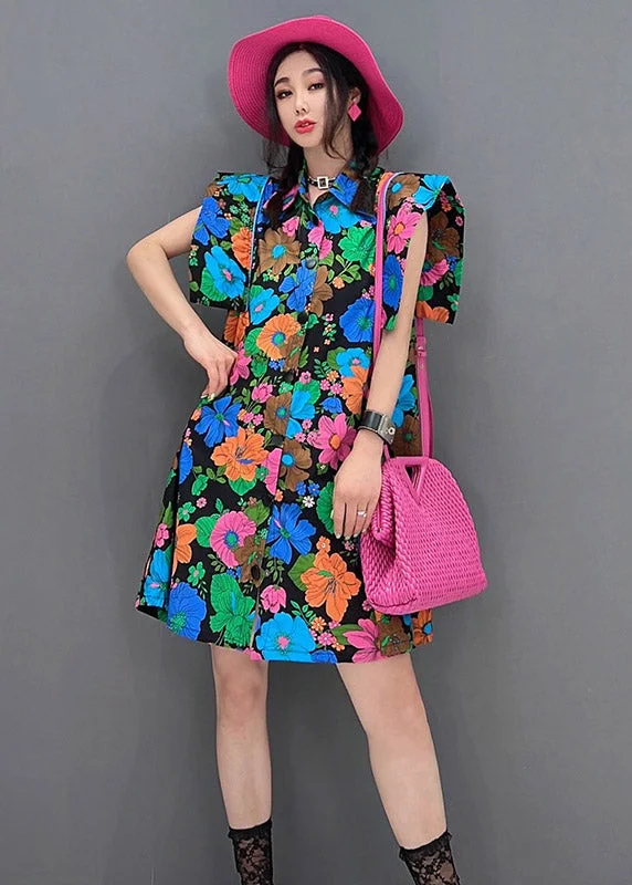 Women Red Peter Pan Collar Print Button Mid Dress Short Sleeve Fashion Forward Outfits