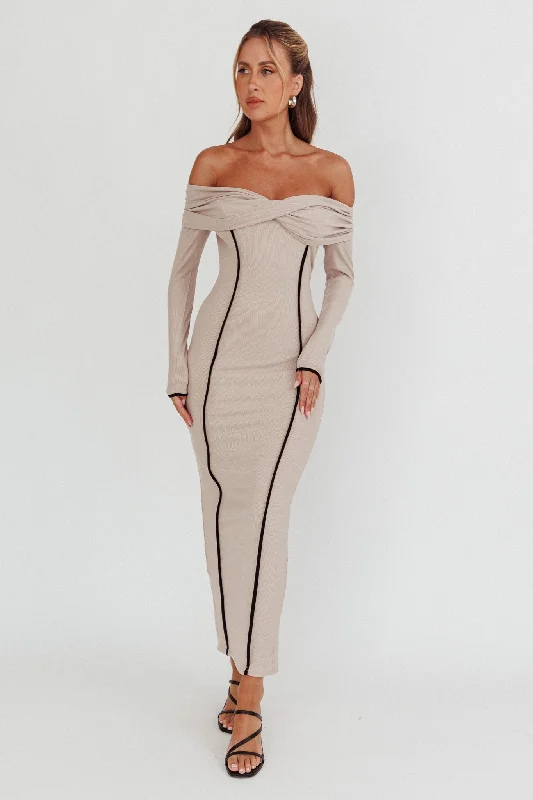 Genesis Off-Shoulder Long Sleeve Maxi Dress Pebble Huge Markdowns