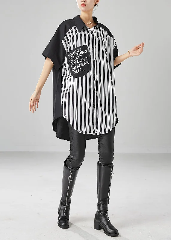 Simple Black Oversized Patchwork Striped Cotton Shirt Dress Summer Trend Alert