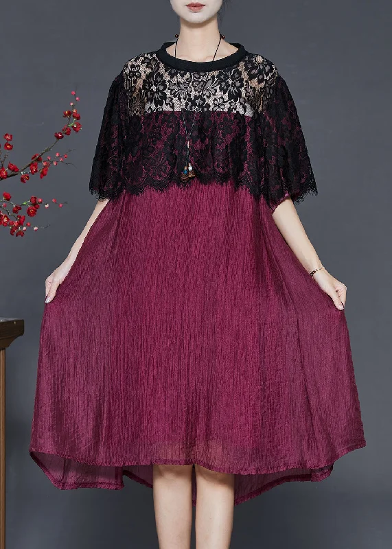 Women Dull Red Oversized Patchwork Lace Dress Summer Now On Sale For Chic Urban Styles