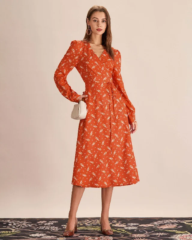 Orange Floral Wrap Midi Dress Flash Sale Starts