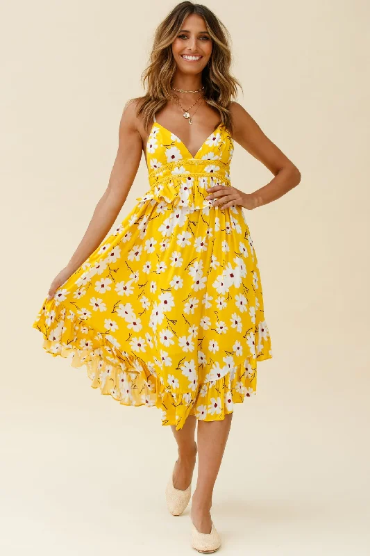 Marigold Peplum Midi Ruffle Dress Floral Print Yellow Seasonal Trend