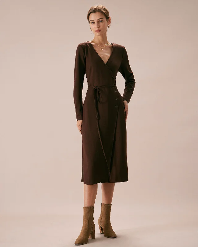 The Coffee V Neck Button Wrap Midi Dress Special Offers