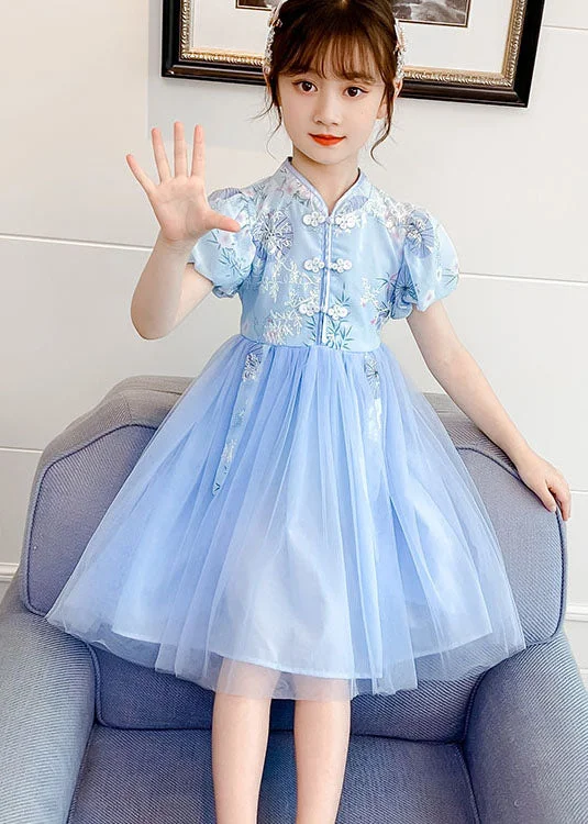 Chinese Style Blue Stand Collar Embroideried Patchwork Chiffon Kids Girls Dress Summer Trend Forward Threads For Her