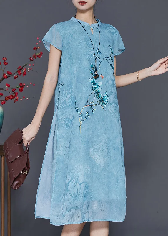 Blue Print Chiffon Cheongsam Dress Chinese Style Summer Classic Appeal