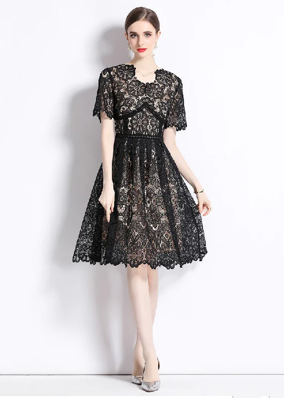 Modern Black Hollow Out Wrinkled Patchwork Lace Mid Dress Summer Wardrobe Refresh