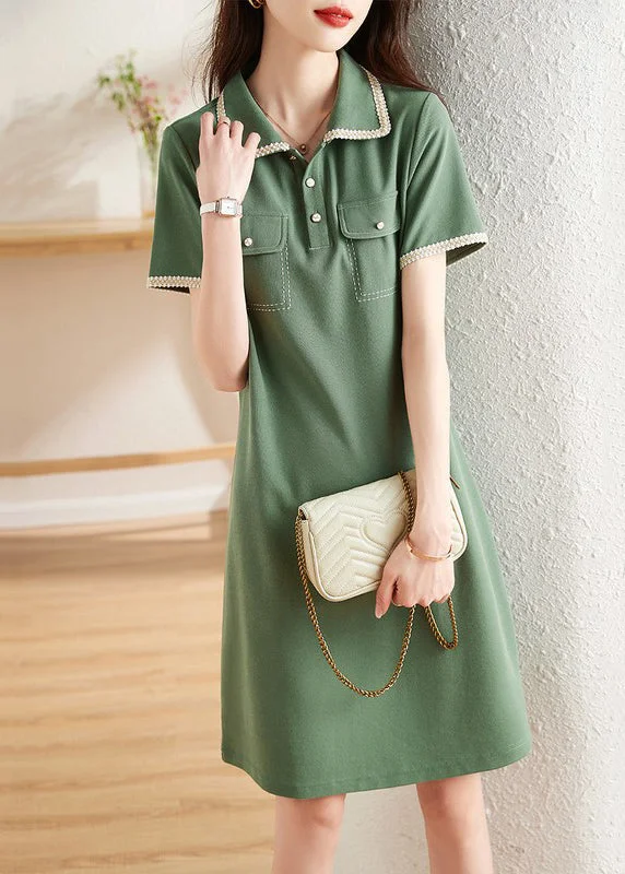 Elegant Green Peter Pan Collar Button Patchwork Cotton Dress Summer Summer Splash Sale