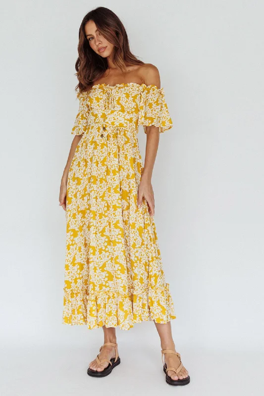 Voyager Off-Shoulder Bell Sleeve Midi Dress Floral Yellow Daily Deals