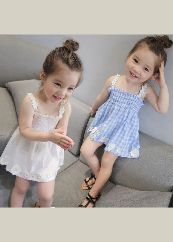 Lovely Blue Plaid Wrinkled Floral Cotton Kids Mid Dress Sleeveless Summer Deals