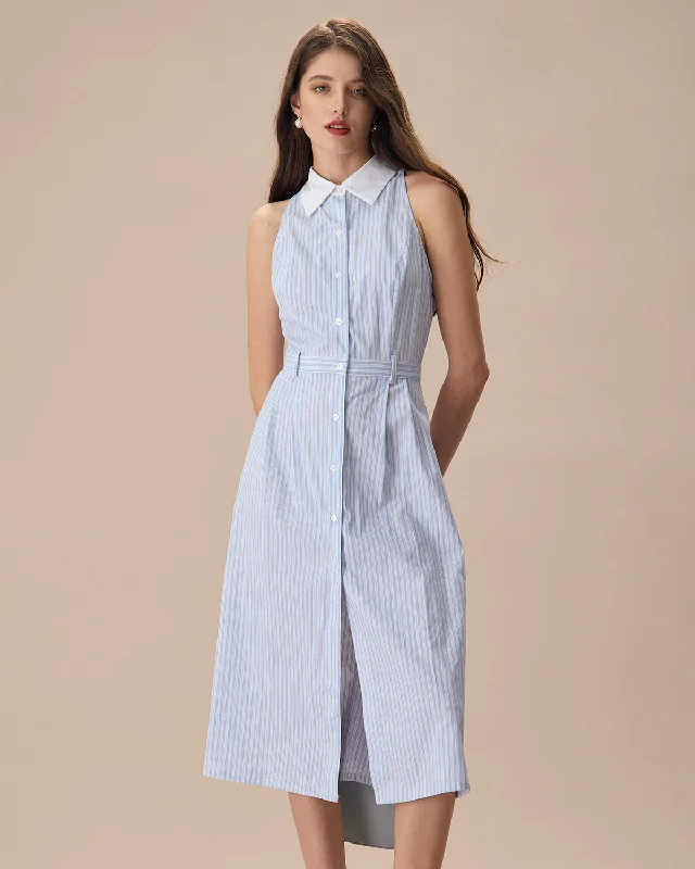 The Blue Lapel Button-Up Striped Midi Dress Classic Women's Fashion