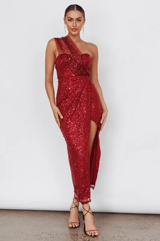 Doniella One-Shoulder Split Sequin Maxi Dress Wine Fashion Deal