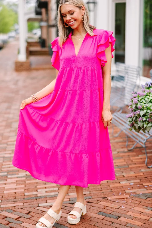 Look You Up Fuchsia Pink Ruffled Midi Dress Quick Grab Deals