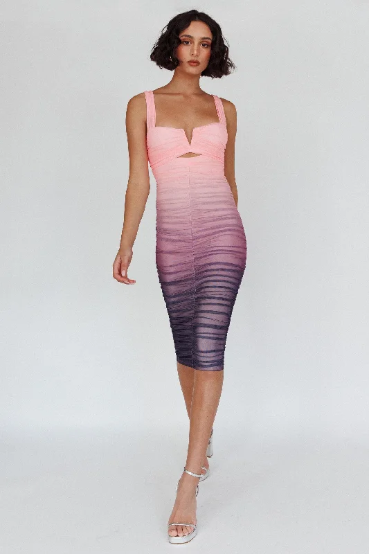 Nadia Ruched Midi Dress Gradient Pink Tropical Island - Inspired Attire