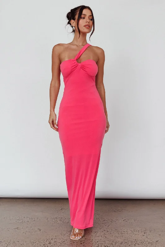 Trinny One-Shoulder Ruched Back Midi Dress Hot Pink Popular Collection