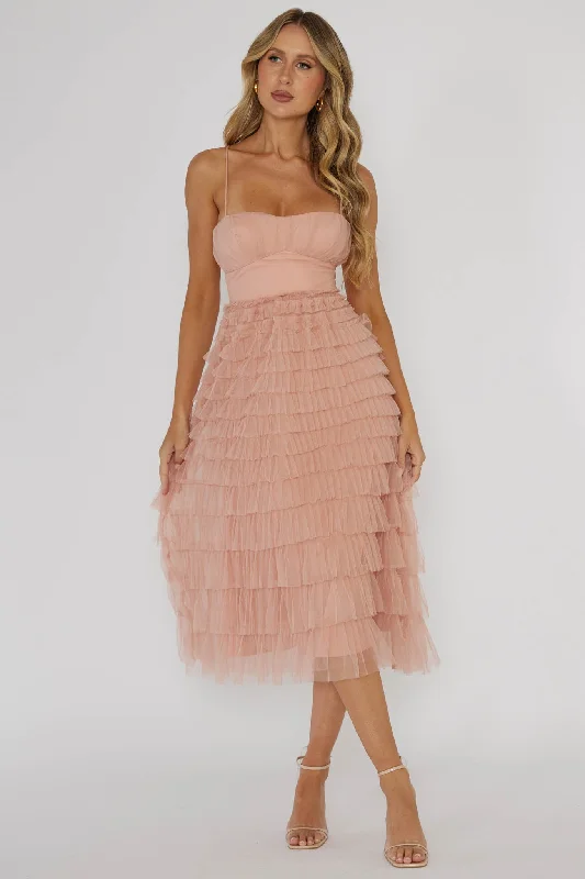 Garden Party Tiered Frill Midi Dress Blush Valentine's Special