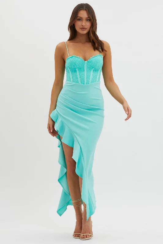 Doe Eyed Lace Bodice Split Dress Teal Holiday Glam