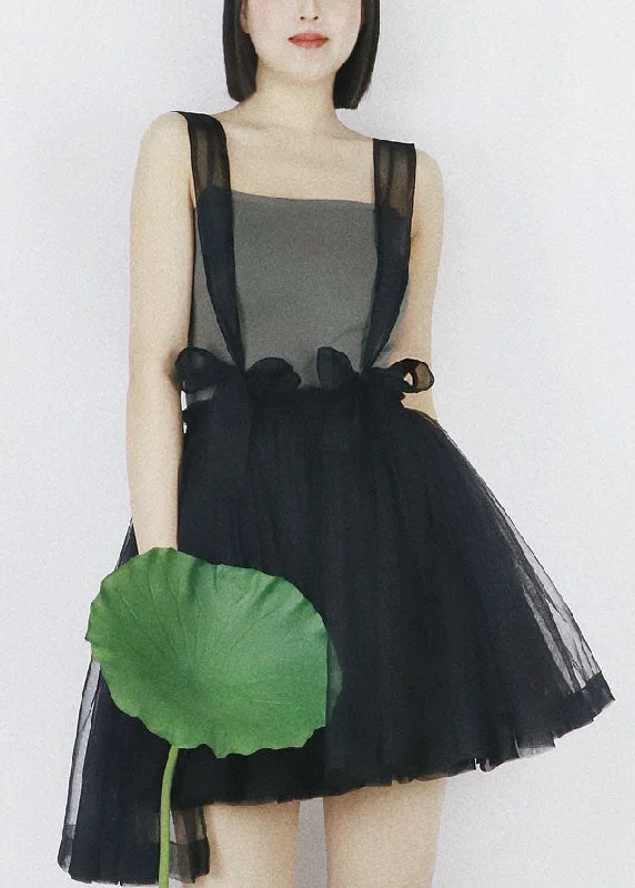 Black Tulle Strap Short Dress Solid Color Elastic Waist Summer Alluring Design