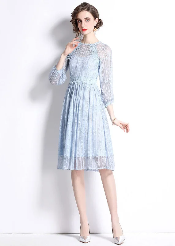 Women Sky Blue Embroideried Wrinkled Patchwork Lace Mid Dress Summer Special Occasion Wear