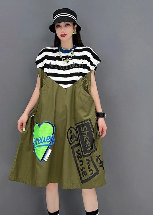 Women Green O-Neck Striped Patchwork Print Pockets Dresses Short Sleeve Trendy New Clothes