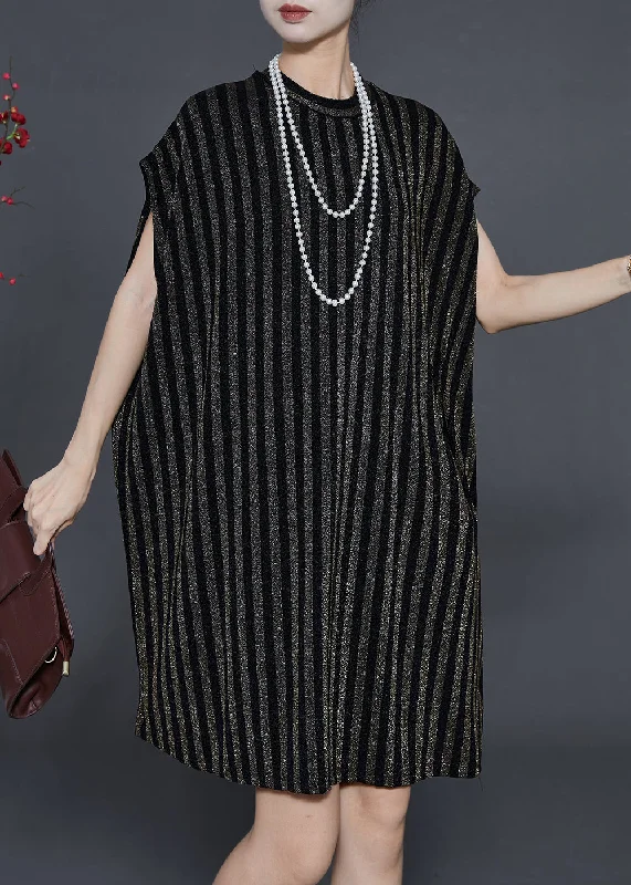 Black Striped Cotton Day Dress Oversized Summer Chic Style, Always In Vogue