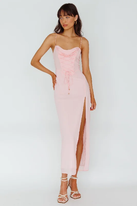 Ryanna Laced Bodice Split Midi Dress Pink Elegant Attire For The Modern Lady